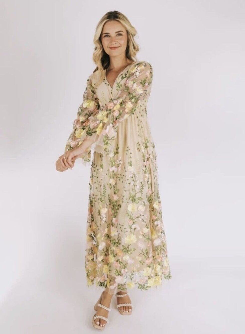 One Loved Babe XS Floral Chiffon Maxi Dress Garden Gala Modest Embroidered